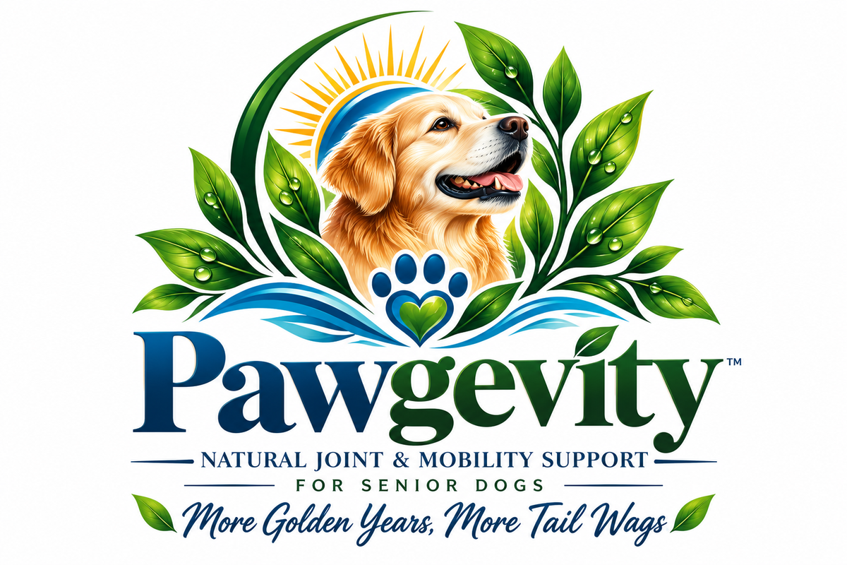 Pawgevity brand logo for senior dog joint support, featuring a golden retriever portrait surrounded by green leaves, blue water-like waves, a paw print with a heart, and the text 'Pawgevity Natural Joint & Mobility Support for Senior Dogs More Golden Years, More Tail Wags' on a white background.